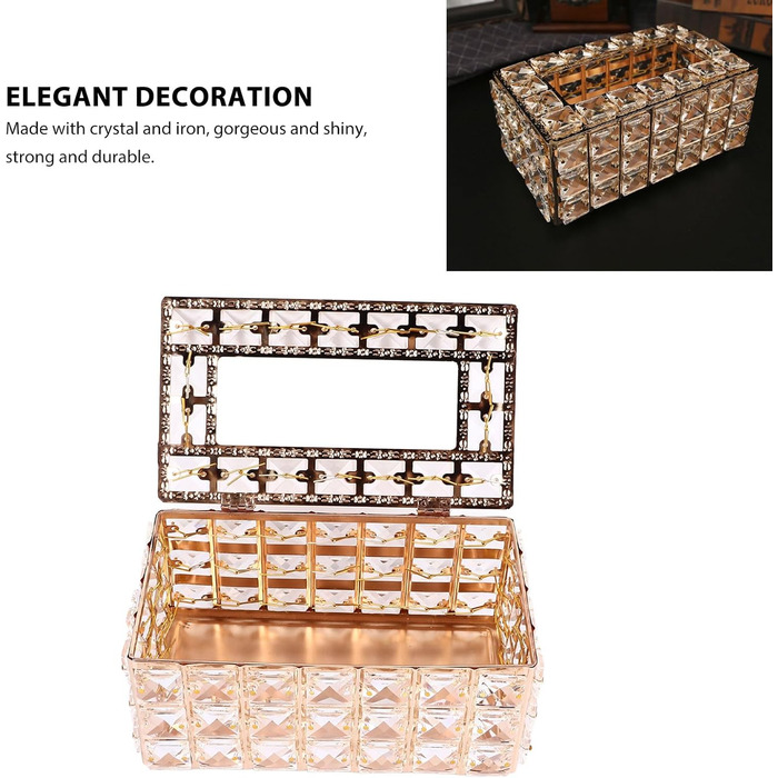 LEMCC Crystal Tissue Box Holder, Rectangular, Classic, Gold, Crystal, Iron