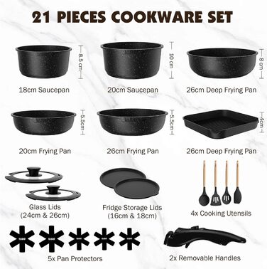 Набір посуду YASHE 21 предмет: каструлі та сковорідки з антипригарним покриттям, знімні ручки, скляні кришки, індукційний, для духовки, стекуваний, білий (сірий)