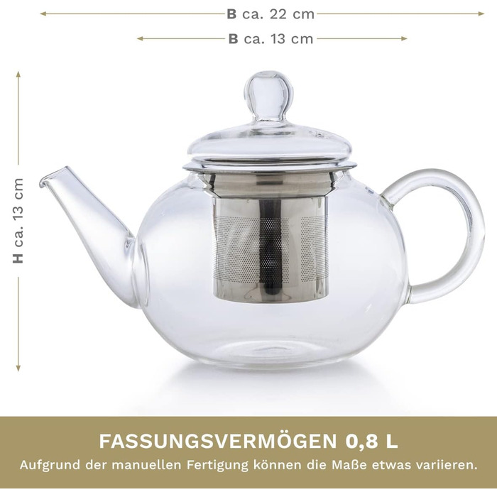 Скляна чайник Creano 1,2л з підставкою, 3-х частинна чайник з нержавіючою сталею та скляною кришкою, для листового чаю, без крапель (800мл)