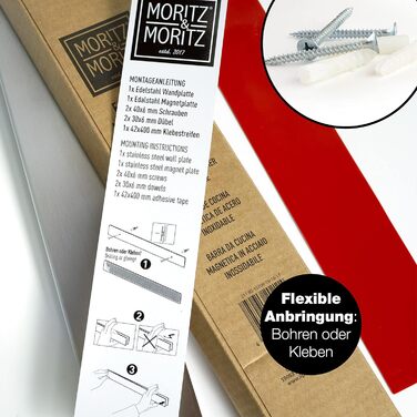 Магнітна планка для ножів Moritz & Moritz 40 см, самоклеюча або для свердління, тримач для ножів з нержавіючої сталі для кухонного приладдя та інструментів