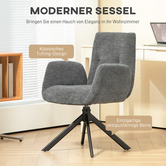 HOMCOM Swivel Armchair Lounge Chair with Wool-Linen Look, Modern Upholstered Chair with Button Tufting, Steel Legs, for Living Room, Bedroom, Dark Grey | Aosom