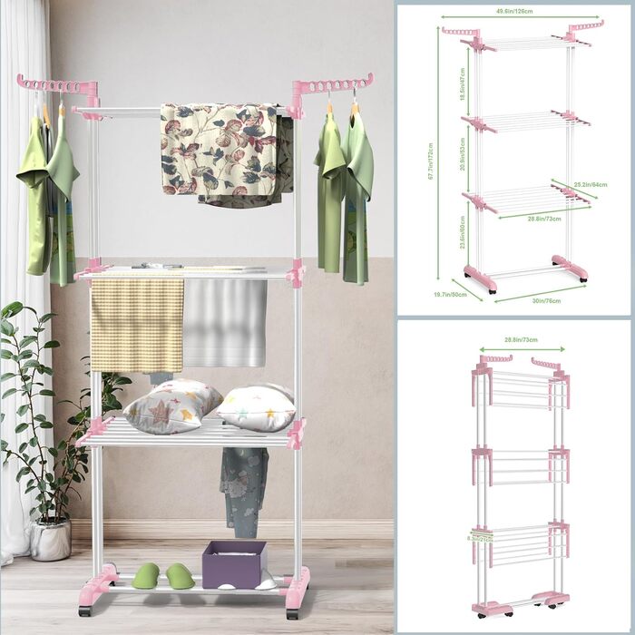 Клатковий сушильник для білизни InnoTic з 4 ярусами та колесами - великий, для дому та вулиці (білий/сірий)