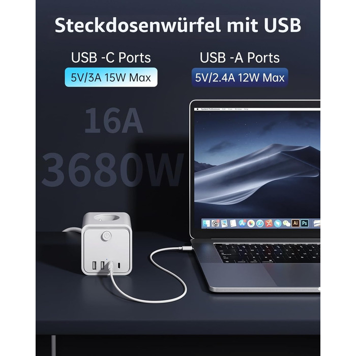Мережний фільтр 7-в-1 з USB-портами, подовжувач на 3 розетки з вимикачем, кабель 2м, білий — для дому та офісу