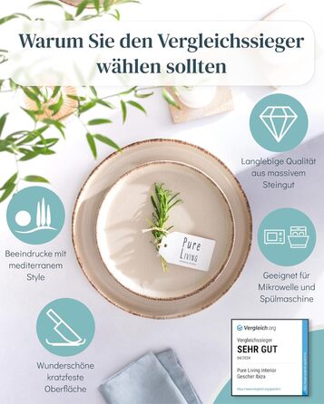 Набір посуду з каменю 12 осіб Rustic 48 предметів, Преміум якість, Стиль кантрі, Набір тарілок та мисок, Тарілька для сервірування, Набір Pure Living у бежевому кольорі 48 предметів