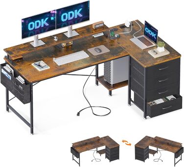 Кутовий письмовий стіл ODK L-форма 160x80x84.7 см з 4 шухлядами, USB-портами, розетками та полицею для монітора, для домашнього офісу, коричневий