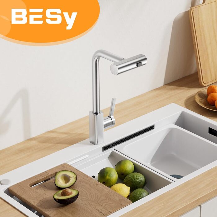 Кухонний змішувач BESy з 3 режимами струменя, висувна лійка, водоспад, поворотний на 360°, для високого тиску, з нержавіючої сталі SUS304, щіткова обробка