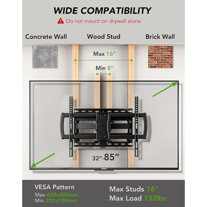 Adjustable TV Wall Mount for LED, LCD, OLED, and Plasma TVs - 26-65 Inch, Up to 50kg, VESA 400x400mm, Black