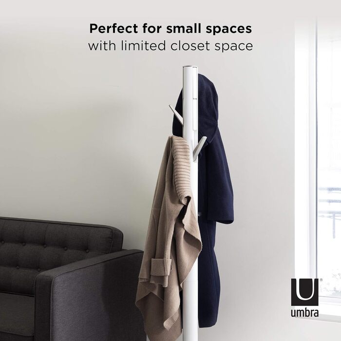 Umbra Flapper Coat Rack – Clothes Rack with 9 Foldable Hooks for Entryway and Office, Wood, White, 57.2 x 57.2 x 165.1 cm, White