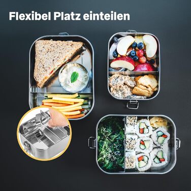 Stainless Steel Lunch Box with Compartments, 3-Piece Set – Lunchbox for Kids & Adults – Leakproof & Lightweight - Flexible Divider