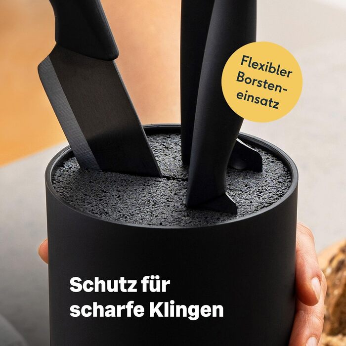 SILBERTHAL Universal Knife Block without Knives - Removable Brush Insert - Holds up to 10 Knives - Round - Black - Recycled Plastic with Stainless Steel Ring
