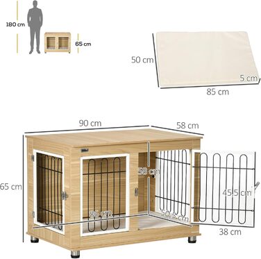 Клітка для собак PawHut з двома дверцятами, подушкою та двома засувками, металева, для дому, 90 x 58 x 65 см, колір дуб