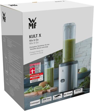 Блендер WMF Kult X Mix & Go Mini - електричний стаціонарний блендер з пляшкою 600мл, срібно-чорний