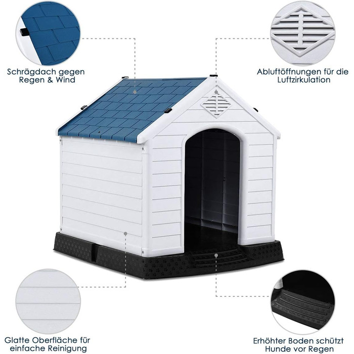 GYMAX Будка для собак на вулицю з похилим дахом та піднятим дном, пластикове собаче будиночок, вологостійка собача будка в стилі кантрі (Білий + Синій, 72,5 x 66 x 70,5 см)