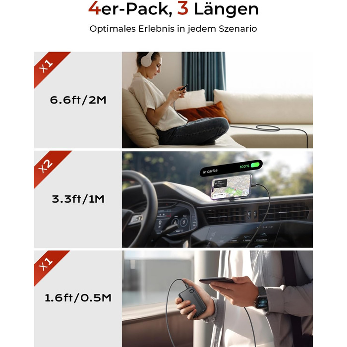 Набір USB-C кабелів LISEN 60W (4 шт.): 0.5м, 1м, 1м, 2м. Підтримка PD 3.0. Сумісний з iPhone, Switch, Samsung, Pixel, MacBook, iPad, Xiaomi. Чорний.