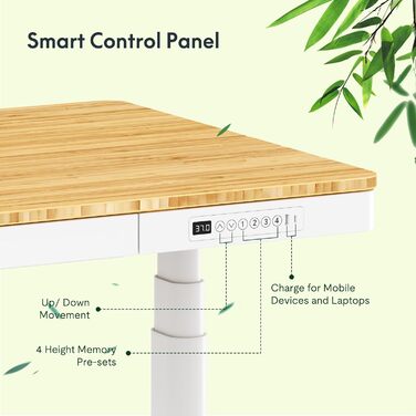 FLEXISPOT Electric Standing Desk with LED Display, Memory, USB & Drawer - 140x70cm Bamboo/White (with Qi Charging)