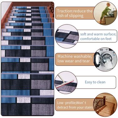 Сходинкові килимки (20,3 x 76,2 см) 13 шт. з антиковзким покриттям та PVC-підкладкою. У комплекті додаткове клейове стрічкове покриття