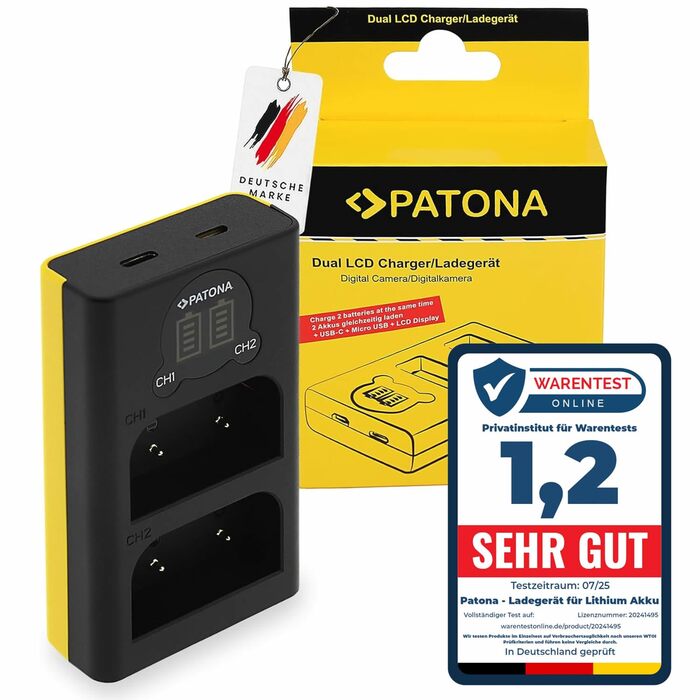 Зарядний пристрій Patona Dual LCD USB-C/Micro-USB для акумуляторів Olympus BLX-1 (OM System OM-1, OM-1 Mark II, OM-3) – одночасна зарядка 2-х акумуляторів з індикацією заряду, компактний для подорожей