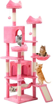 Кігтеточка YITAHOME XXL, 190 см, з 8 стовпів з сизалю, 3 платформи, 2 печери, кошик, гамак, іграшки, для котів, рожева