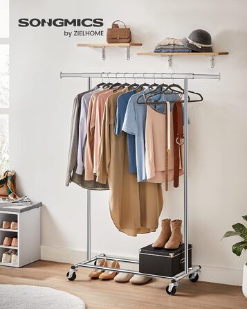 SONGMICS Heavy-Duty Clothes Rack, 2-Piece Set, Rolling Garment Rack, Holds up to 90 kg, with Extendable Wardrobe Rack, Folding Base, Shelf for Boxes, Silver HSR013S02