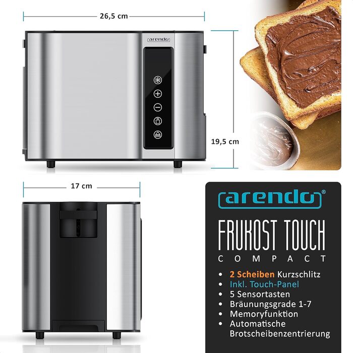 Arendo - 2-Slice Stainless Steel Toaster - Touch Panel - Digital Display with Remaining Time - 800 W – Double-Walled Housing – with Bagel Attachment – 7 Browning Levels – Bread Slice Centering - Silver B: Silver