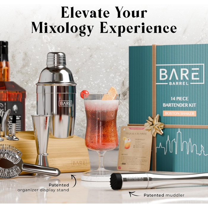 Набір бармена Mixology Barkeeper-Set для коктейлів та мартіні (14 предметів) з підставкою та рецептами. Професійний шейкер для барменів, подарунковий набір 0.7л