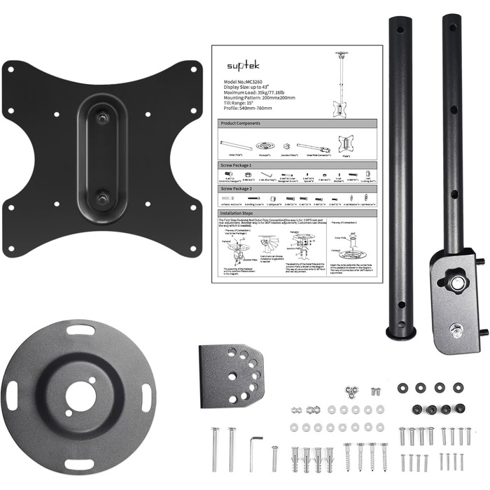 Suptek Adjustable TV Wall Mount for LCD LED Plasma Flat Screens - Tilting & Swivel (23-43 inch)