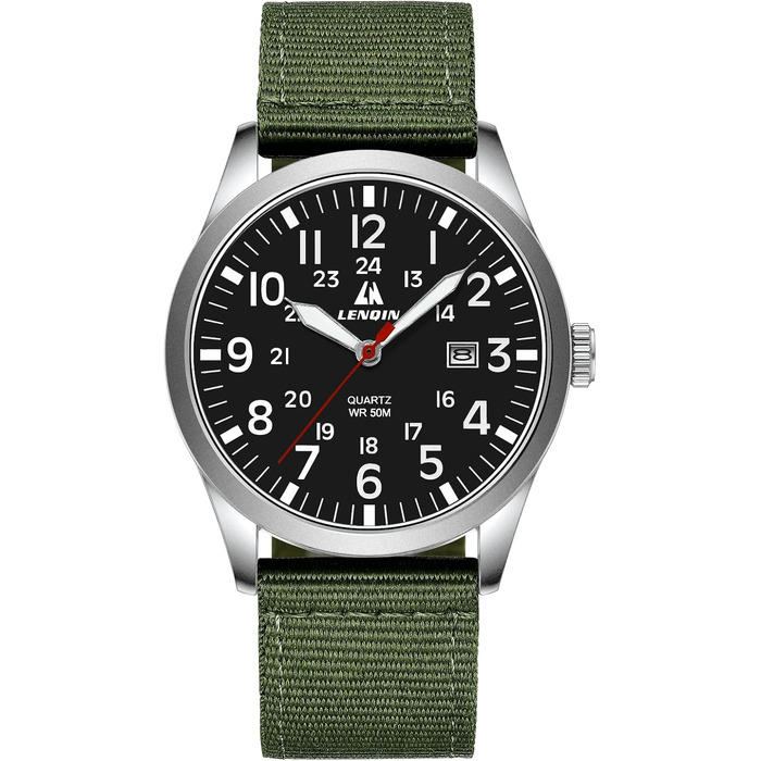 Годинники чоловічі LN LENQIN аналогові кварцові на нейлоновому ремінці, водостійкі 30M, з датою (зелені, срібні, чорні)