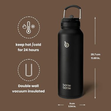 BOTTLE BOTTLE Insulated Water Bottle with Straw, Sport Stainless Steel Water Bottle with Grip Lid, Outdoor Sports Bottle for Pills, 1L (Black)