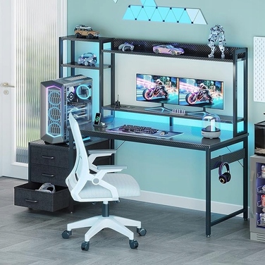 Ігровий стіл з шухлядами, полицею, розетками та LED-підсвіткою, 137x48 см