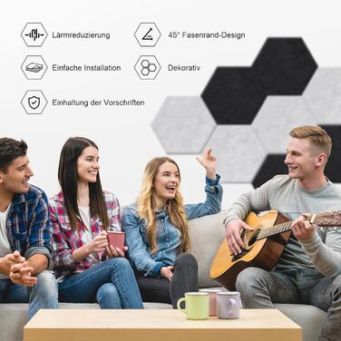 Самоклеючі гексагональні акустичні панелі для шумоізоляції стін та дверей, 24 шт, 1.4м², сріблясто-сірі, 100% поліестер, NRC 0.95