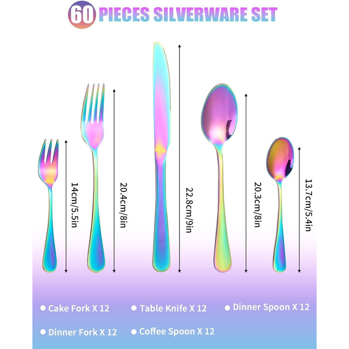 Набір столових приборів на 12 осіб, 60 предметів, чорний, з нержавіючої сталі, з високим блиском, придатний для миття в посудомийній машині, елегантний, з ножем, виделкою, ложкою, для дому, вечірки, ресторану