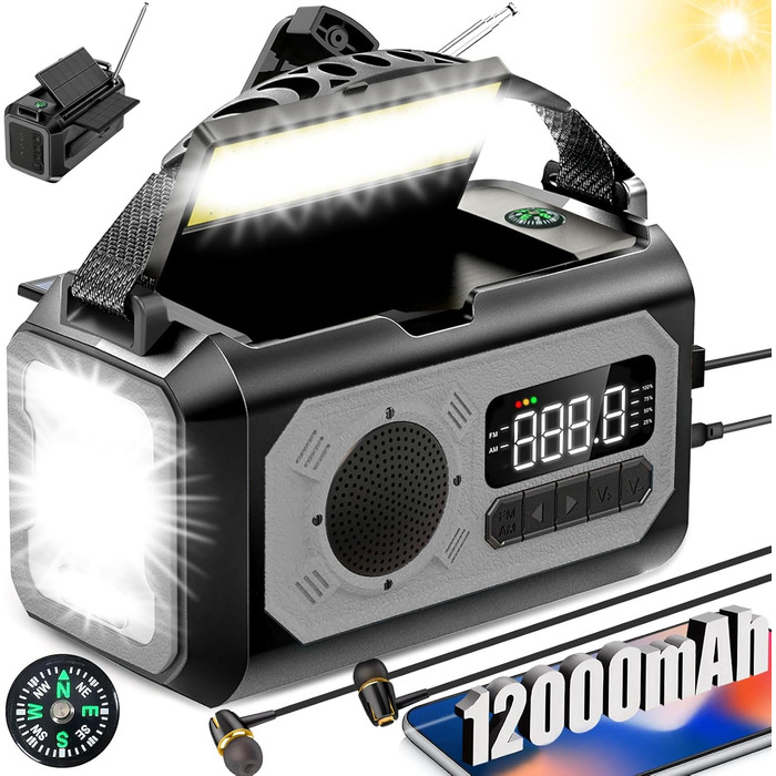 Радіоприймач Kurbelradio на 12000mAh з ручним зарядом, сонячною панеллю, AM/FM, зарядкою для телефону, SOS, ліхтарик, компас, LED-лампа (сірий)
