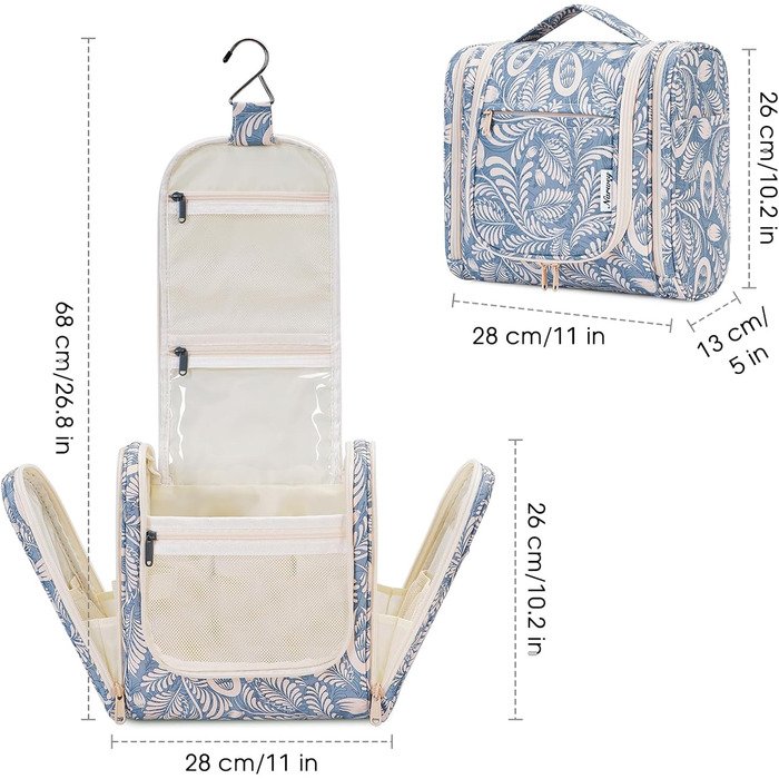 Сумка для туалетних аксесуарів для жінок та чоловіків, що підвішується, косметичка, дорожня сумка (Блакитне листя) Z-блакитне листя