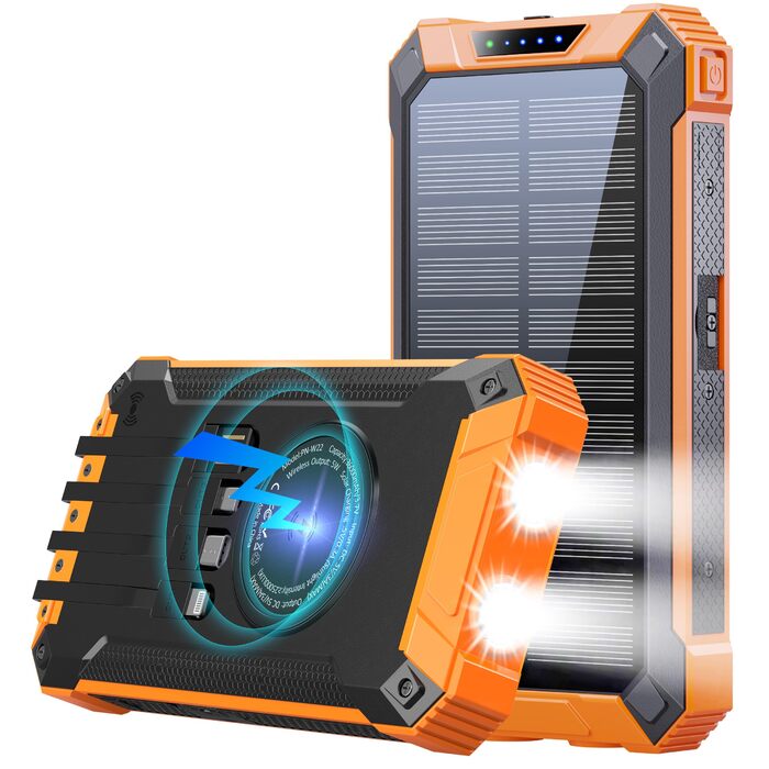 Power Bank Solar GOODaaa 26800mAh з 6 виходами, 4 входами, 15W, для мобільних пристроїв, з ліхтариком та карабіном (Оранжевий)