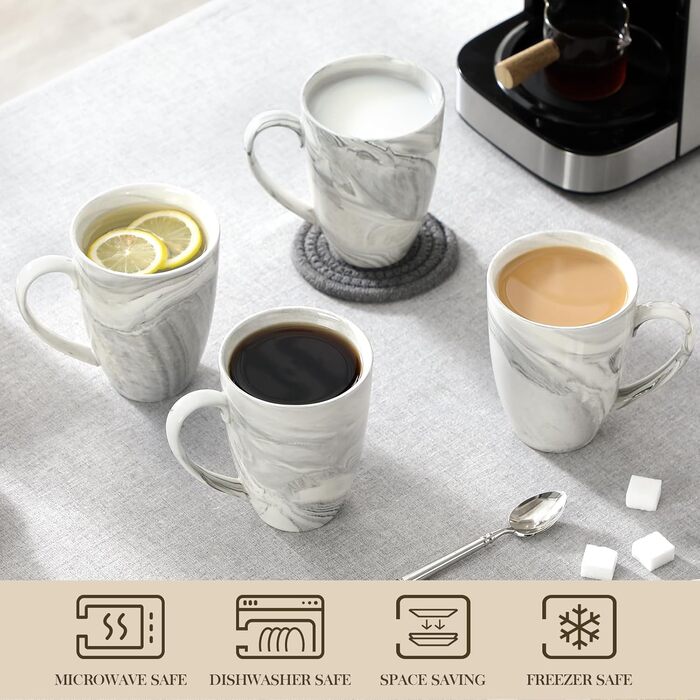 MALACASA Coffee Mug Set of 6, 560ML Porcelain Cups, Large Modern Coffee Mugs with Handles for Tea, Juice, Latte, Cappuccino, Hot Chocolate. Dishwasher and Microwave Safe, REG Marble Gray Series