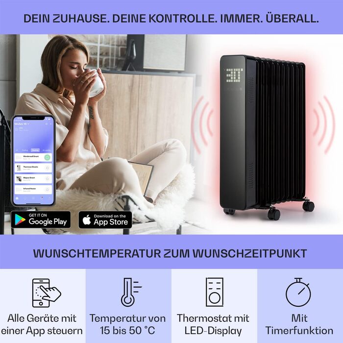 Електричний масляний радіатор Klarstein 2500W з термостатом та Wi-Fi, мобільний, чорний