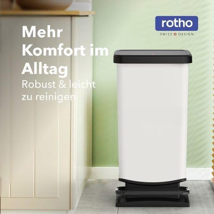Сміттєвий відро Rotho Paso на 40 л з педаллю та Soft-Close кришкою, сріблястий — для кухні та ванної