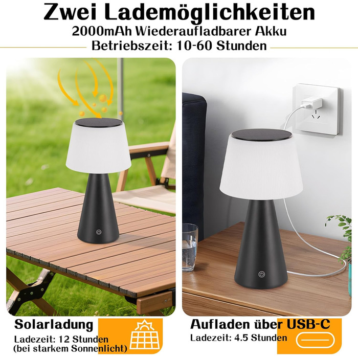 Настільна лампа акумуляторна LED 2 шт. чорна - бездротова, сенсорна, з USB зарядкою для спальні, вітальні, вулиці (3600mAh)