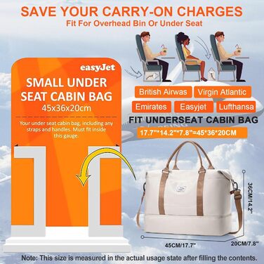 Спортивна сумка HPLQQ Weekender для ручної поїздки (Easyjet) 45x36x20 см, бежева. Дорожня сумка, сумка для фітнесу з відділенням для взуття