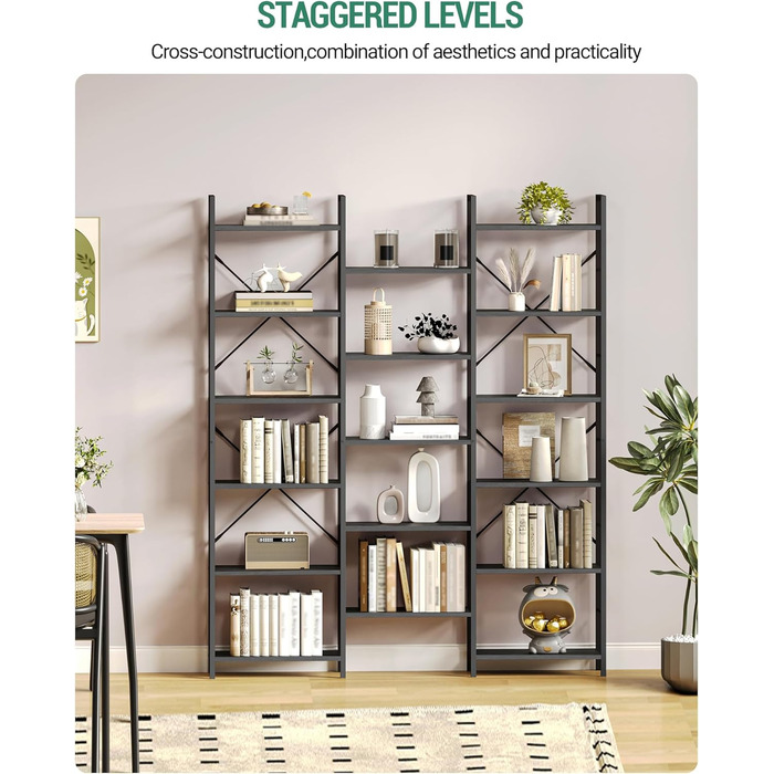 Книжкова шафа Hzuaneri з 17 полицями, 6 ярусів, регульовані полиці, 24x152x186 см, навантаження 340 кг, чорна з деревною текстурою, для вітальні та офісу
