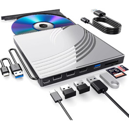 Зовнішній CD/DVD-RW привід USB 3.0, ультратонкий DVD-плеєр для ноутбука з 4 USB-портами, картридером SD/TF та роз'ємом Type-C, сумісний з Windows, macOS, Linux