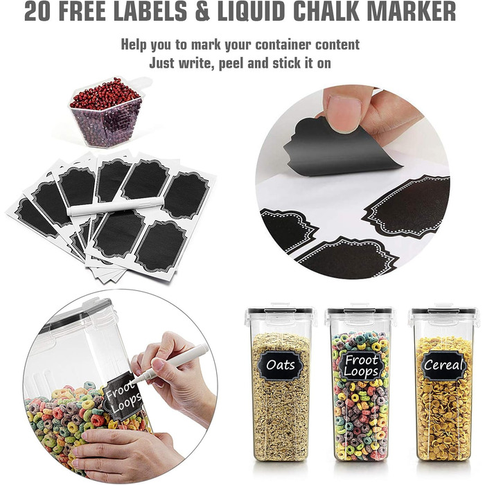 Wildone Freshness Containers, airtight, cereal storage containers for sugar, flour, snacks, baking supplies, leak-proof, with sealing lid, 4 pieces (4 l)
