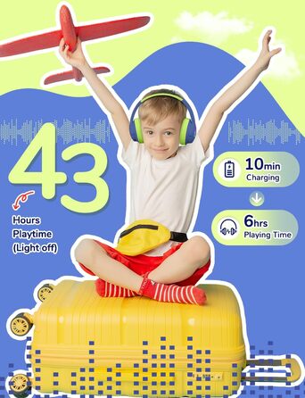 iClever Бездротові навушники для дітей з LED-підсвіткою, обмеження гучності 74/85 дБ, 43 години роботи, стерео звук, Type-C, AUX-кабель, Bluetooth 5.3, для планшетів/подорожей (зелено-блакитний)