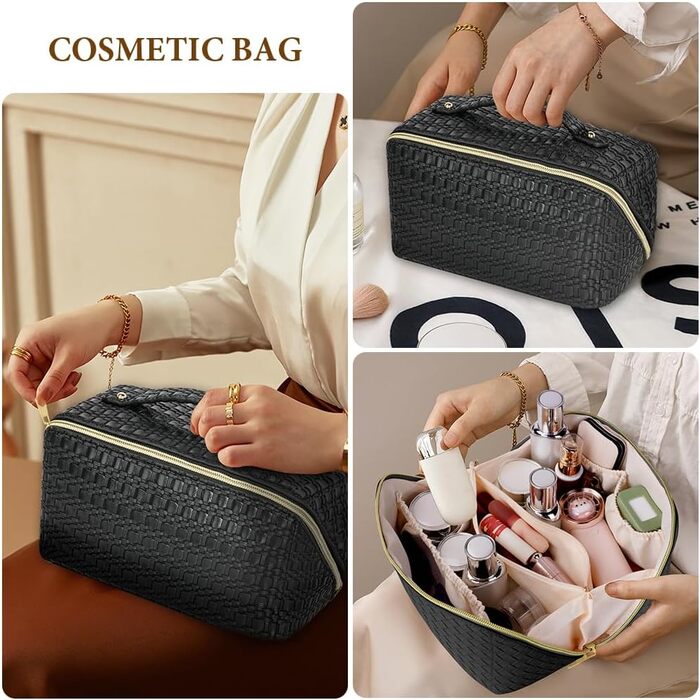 Косметичка для подорожей, PU шкіра, велика місткість, водонепроникна, чорна з геометричним візерунком