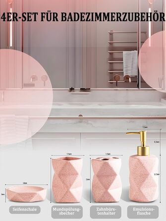 Набір для ванної кімнати 4 предмети, кераміка, рожевий: дозатор для мила, мильничка, стакан для зубних щіток, підставка для зубних щіток - декор для ванної