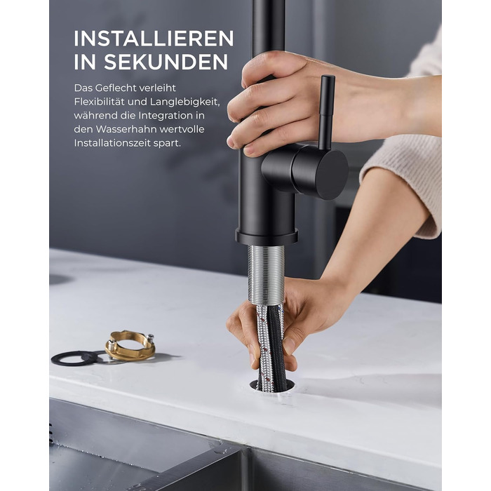 Кран кухонний FORIOUS з висувною лійкою, 360° обертання, 2 режими, матовий чорний