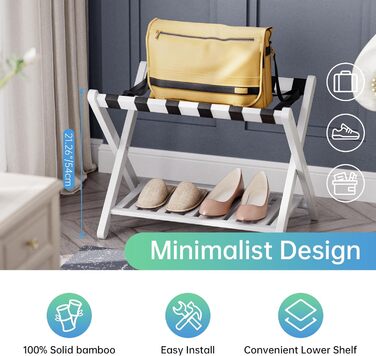 SMIBUY Luggage Rack, Folding Bamboo Suitcase Stand with Storage Shelves for Guest Room, Bedroom, Hotel, Heavy Duty (White)