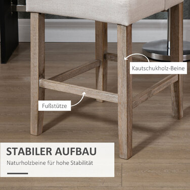HOMCOM 2-Piece Bar Stool Set with Backrest, Upholstered Button-Tufted Bar Stools, Solid Wood, Includes Footrest, 47 cm x 50 cm x 101 cm, Grey + Natural