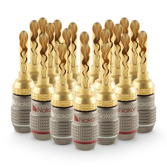 Бананові роз'єми Nakamichi FanLock Excel-Serie, 24K позолочені BFA конектори для акустичних кабелів, 10-18 AWG, 4 мм, для Hi-Fi стерео та домашнього кінотеатру (20 шт / 10 пар)