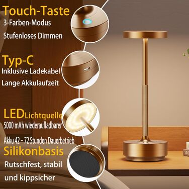 Настільна лампа бездротова LED для вулиці та дому IP54, акумулятор 5000mAh, димується, 3 кольори світла, зарядка від USB (Іржавий)
